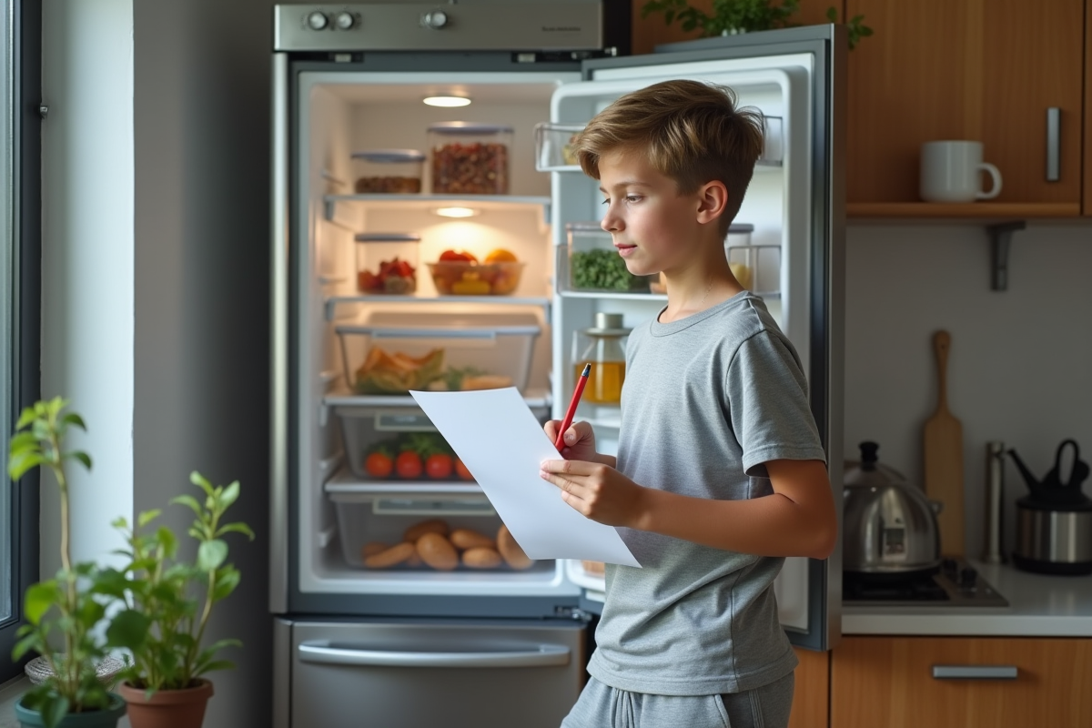 Adolescent vérifiant une liste près du frigo organisé