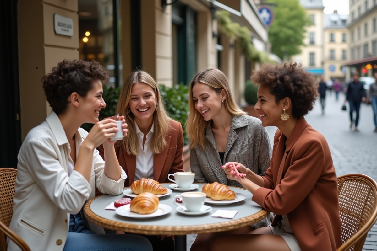 Trois amis dégustant des pâtisseries dans un café parisien