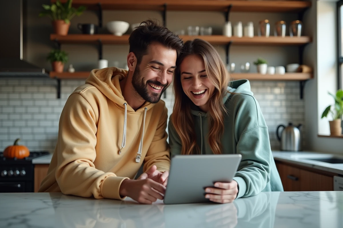 Deux amis regardant ensemble Monopoly GO sur une tablette dans une cuisine moderne, discutant de la méthode pour obtenir une invitation magnat