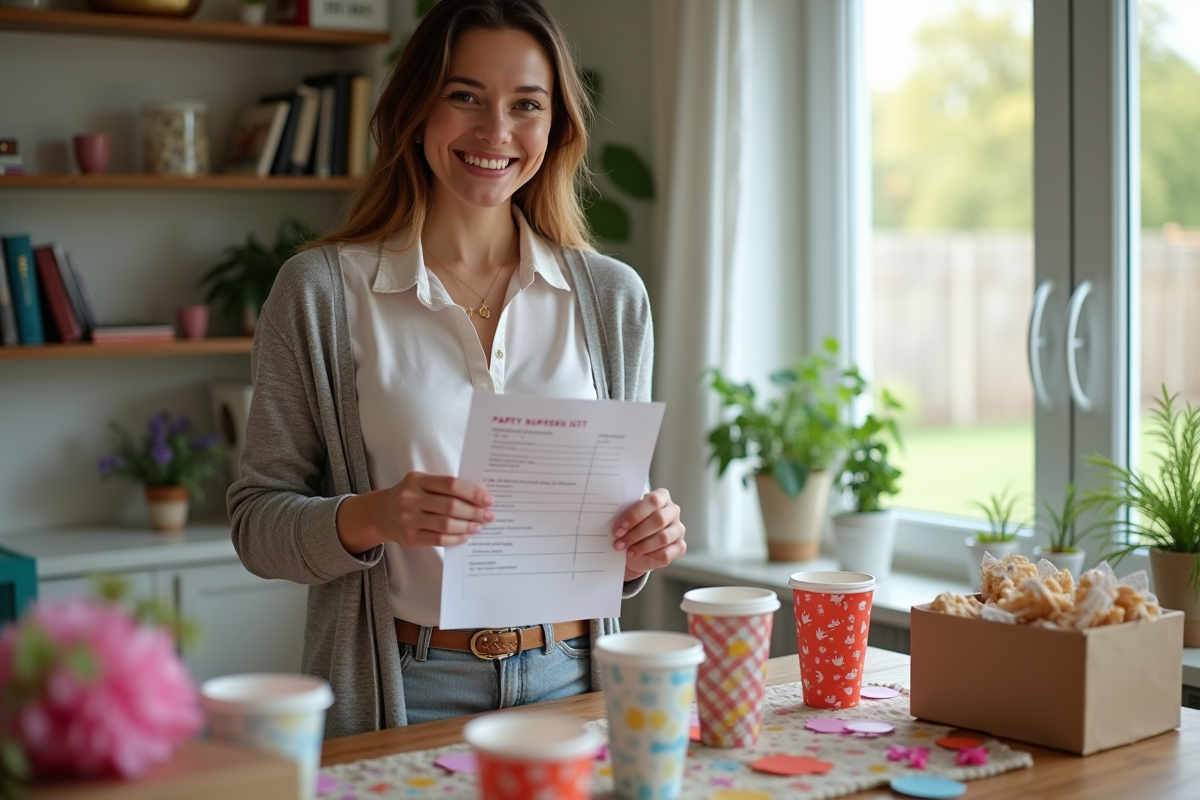 Femme souriante tenant une checklist de decorations de fete