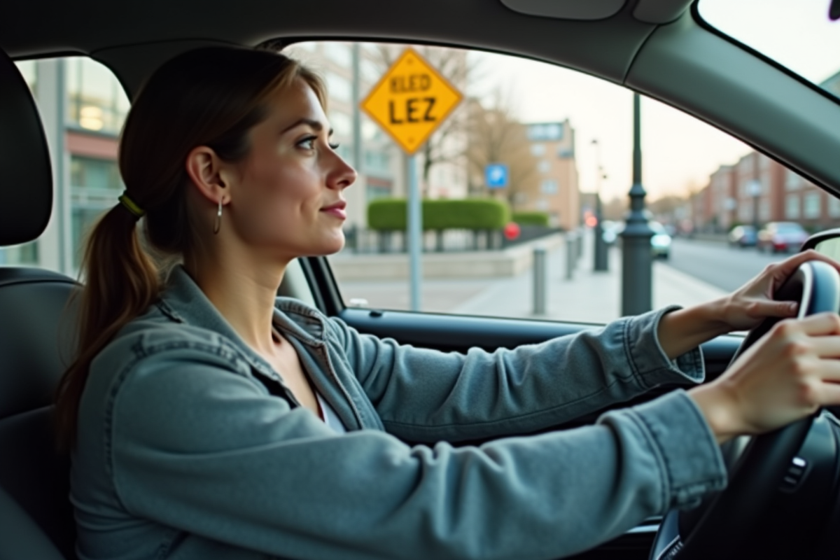 Jeune femme conductrice devant panneau ULEZ
