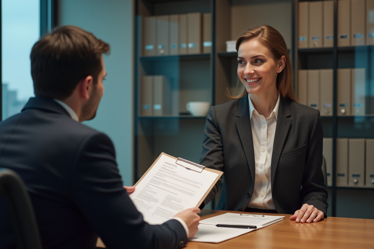 Conseillère bancaire remettant un dossier à une cliente