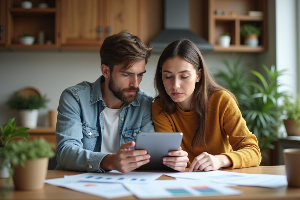 Jeune couple regardant des graphiques de taux immobilier sur une tablette
