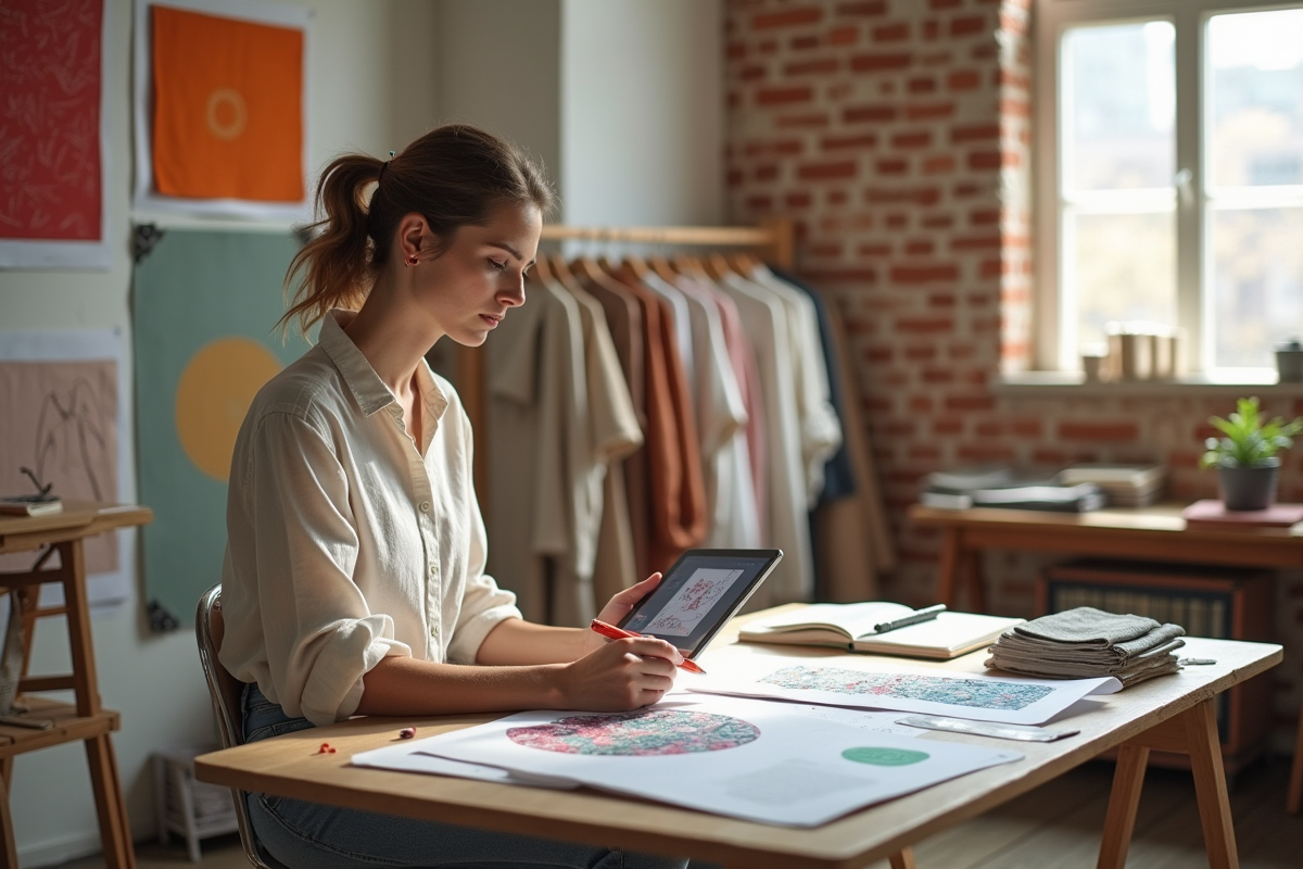 Jeune styliste dessinant motifs textiles sur tablette numérique