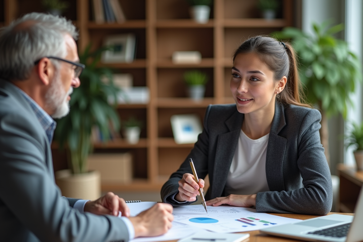 Jeune femme discutant de finances avec un collègue dans un espace de coworking