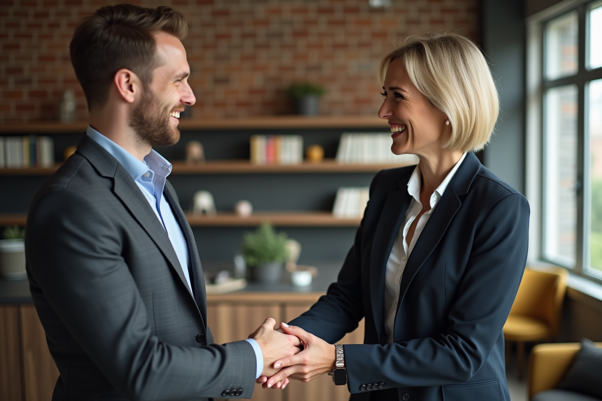 Manager femme serrant la main d un collègue dans un espace détente