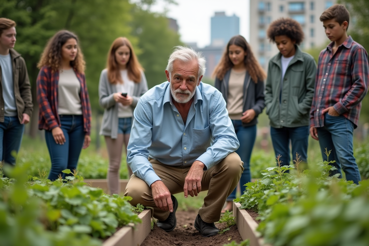 Homme enseignant dans un jardin communautaire avec des adolescents