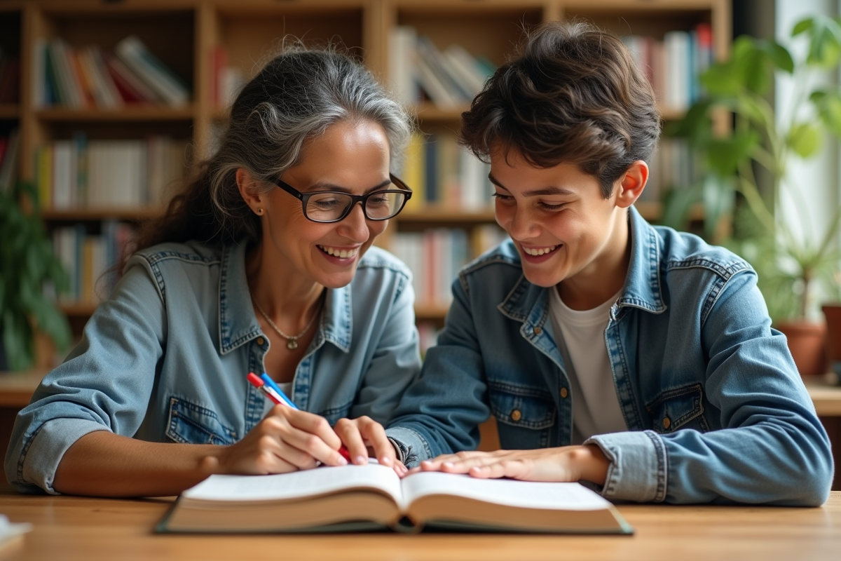 Enseignante et élève lisant un livre ensemble