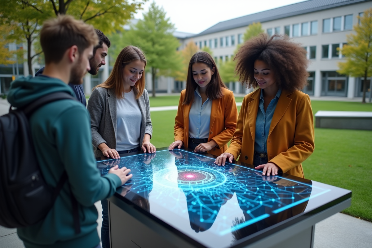 Etudiants universitaires interagissant avec un écran neural