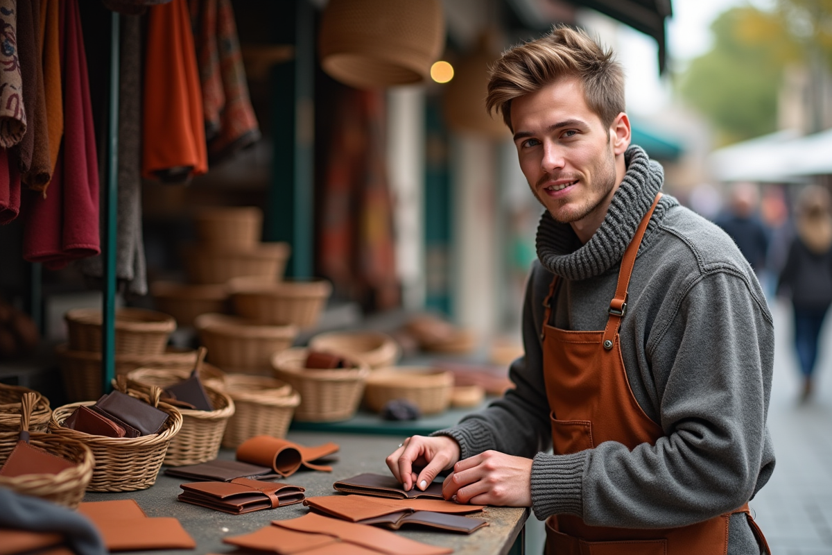 Jeune homme créant un portefeuille en cuir au marché artisanal