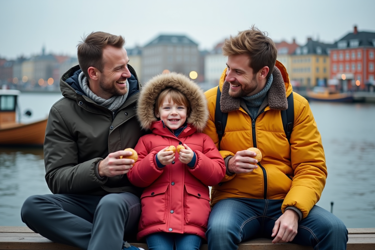 Famille avec enfants partageant des pâtisseries au port