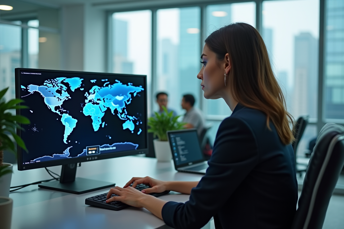 Femme au bureau regardant un écran avec carte du monde et VPN