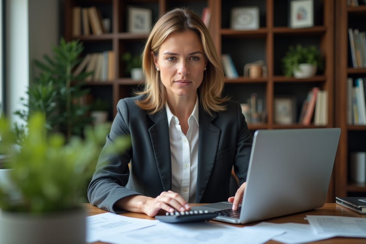 Femme professionnelle utilisant une calculatrice dans un bureau organisé