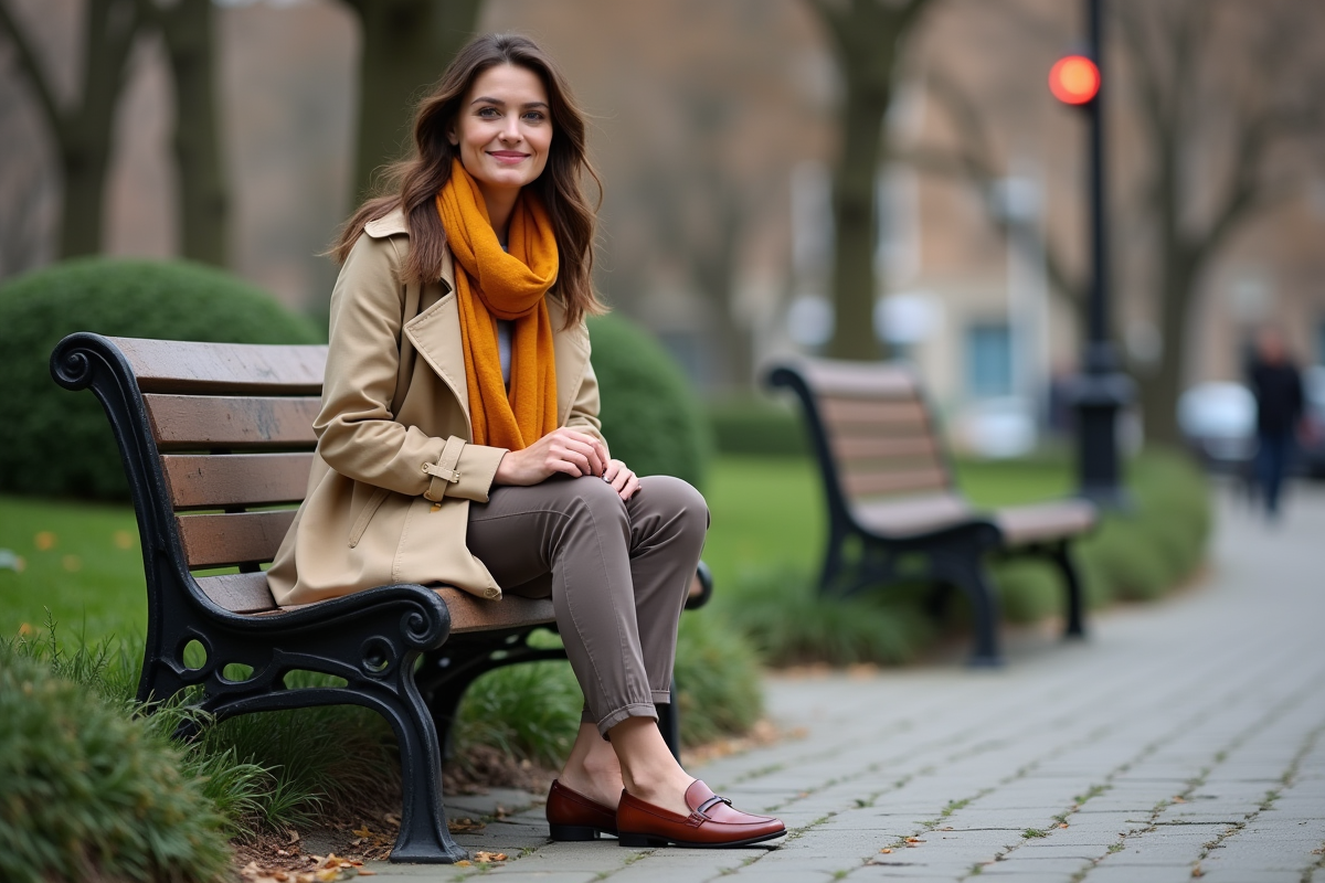 Femme à la mode assise dans un parc urbain en trench