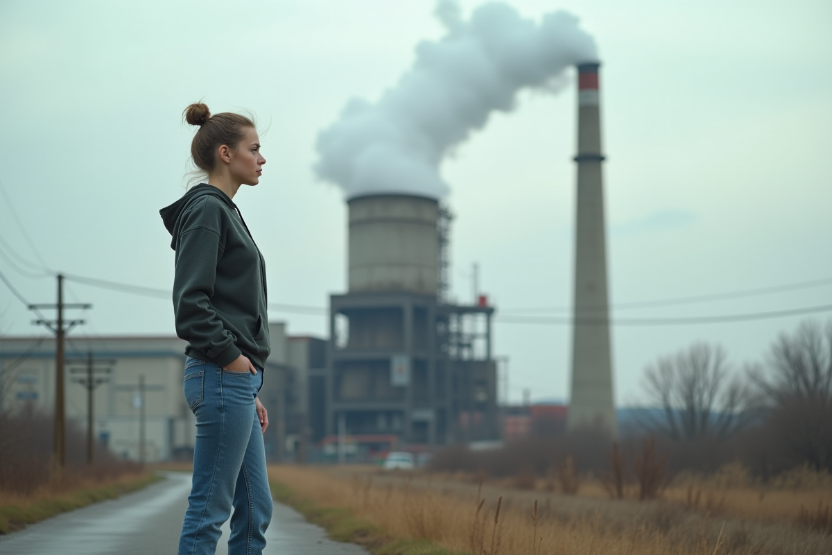 Jeune femme observant une usine avec fumee opaque