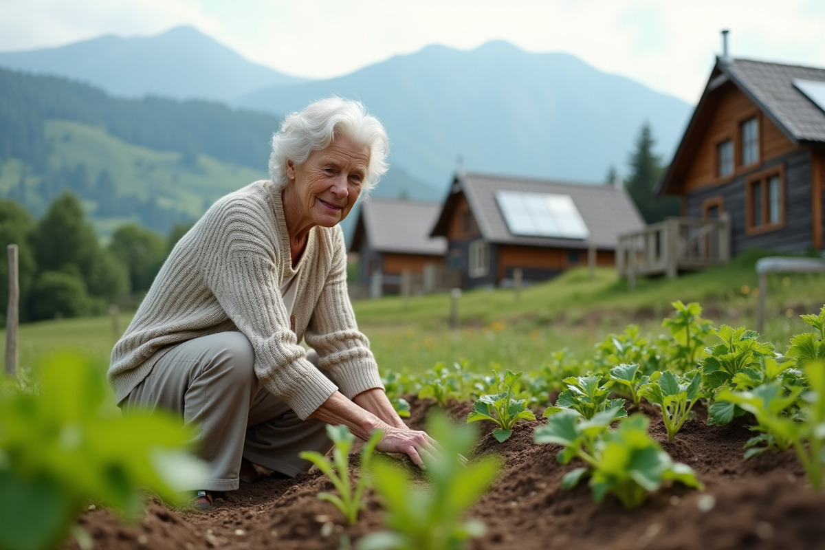 Femme âgée dans son jardin écologique en 2050