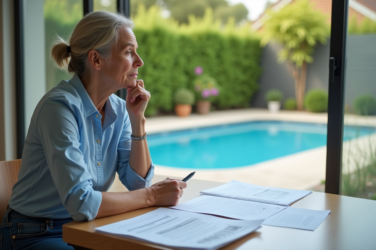 Femme lisant des documents près de la piscine à la maison