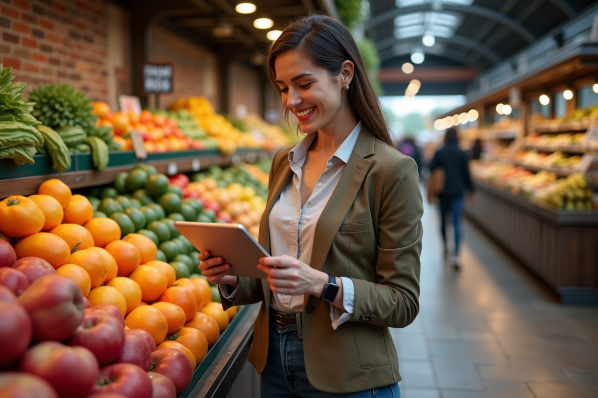 Jeune femme souriante vérifiant ses achats au marché intérieur