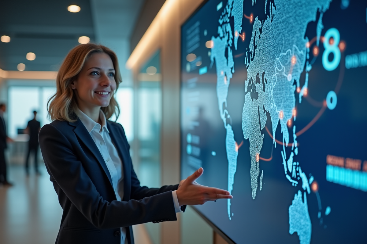 Femme professionnelle expliquant un diagramme blockchain