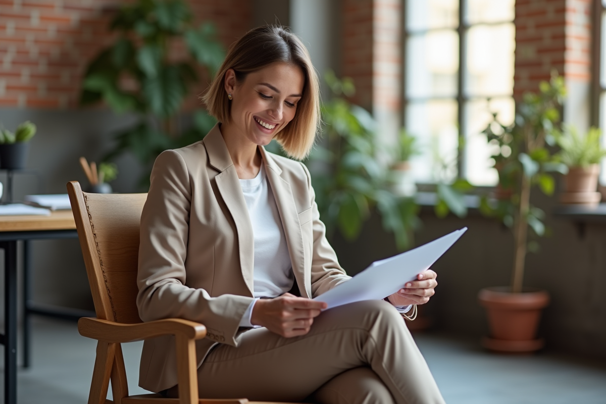 Femme confiante en blazer dans un espace de travail