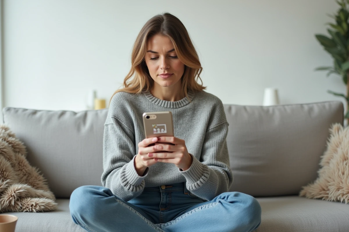 Femme assise sur un canapé tenant un smartphone avec l'application Monopoly GO ouverte sur un événement magnat