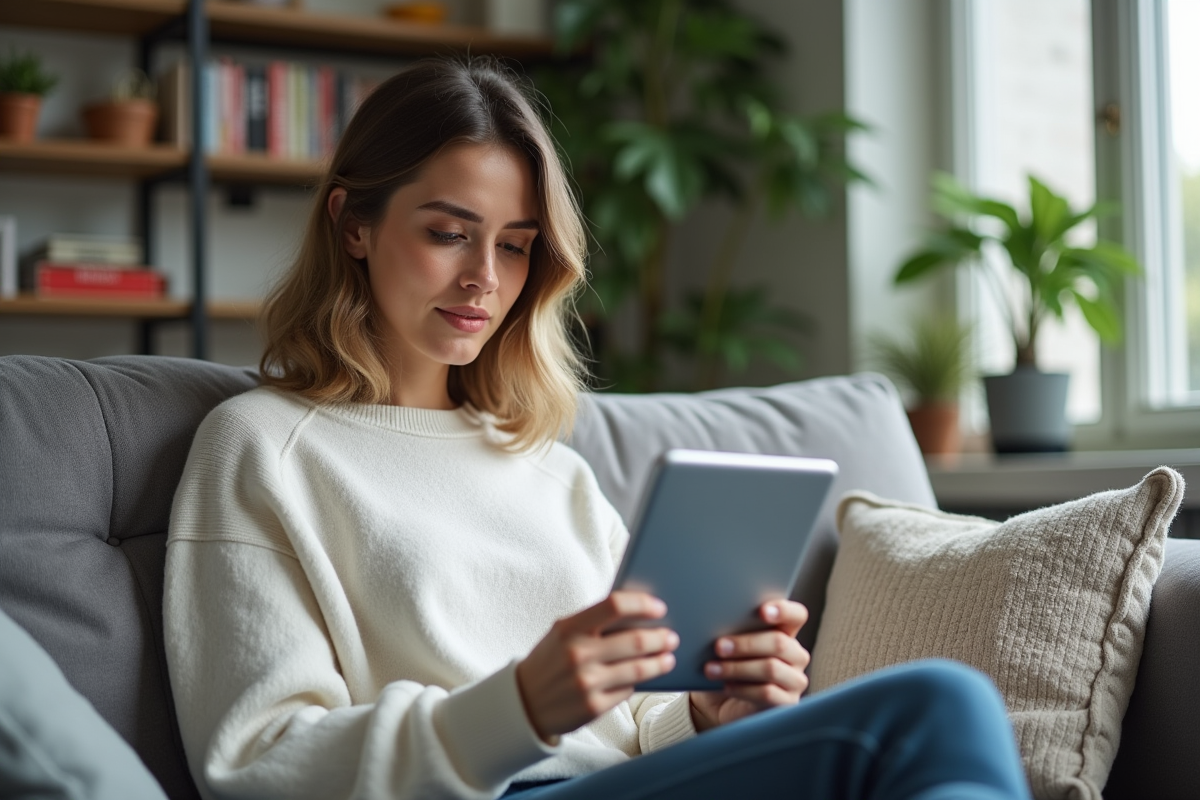 Femme assise sur un canapé regardant une tablette avec curiosite