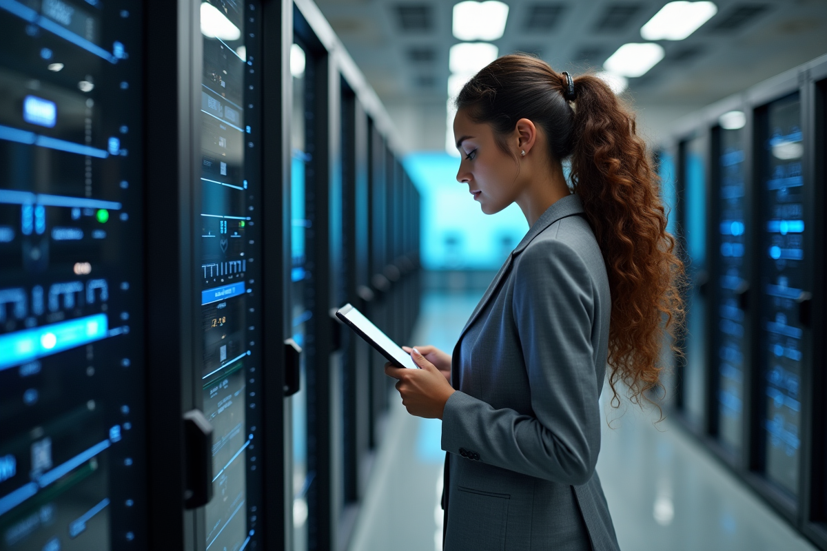 Jeune femme vérifiant un serveur dans un centre de données