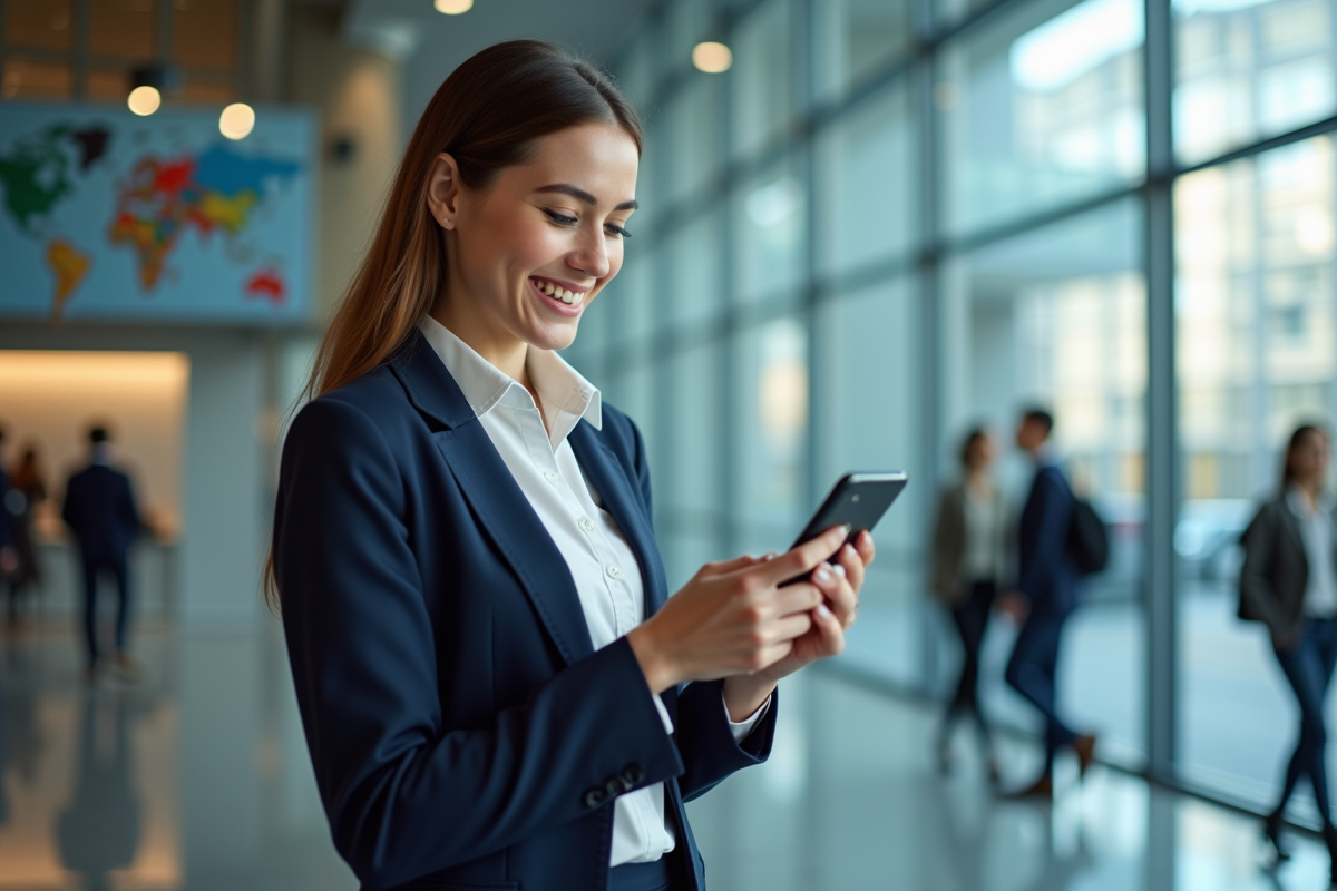 Jeune femme vérifiant des traductions sur son smartphone dans un lobby