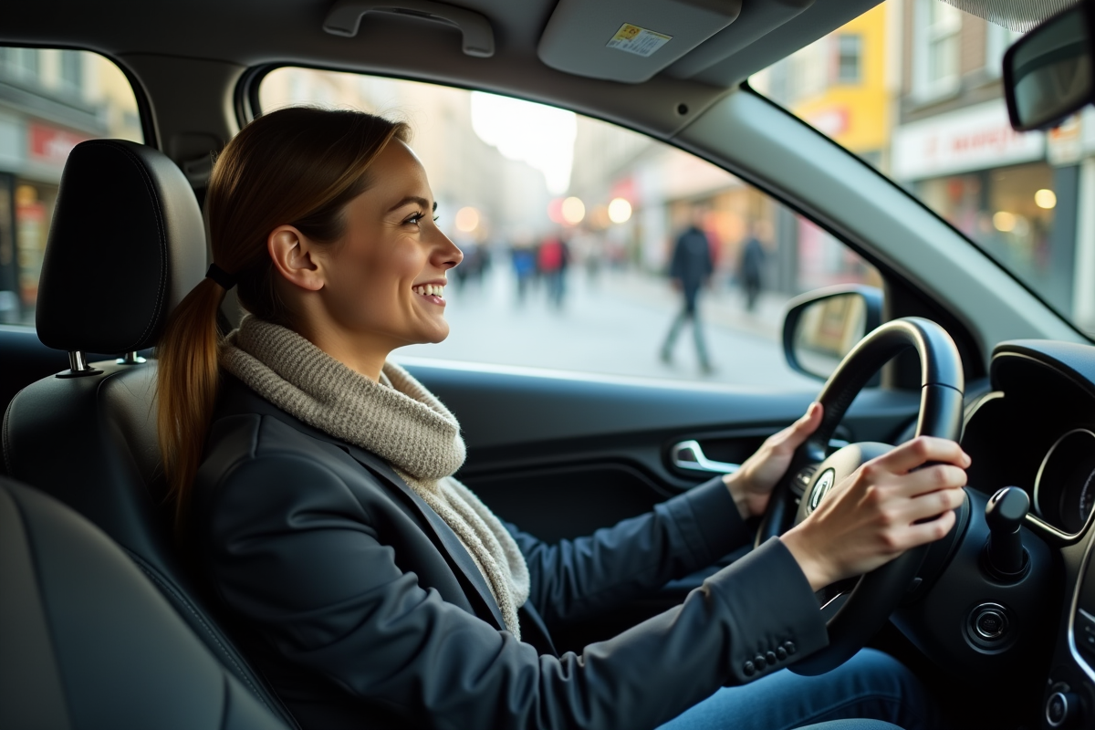 Jeune femme dans une voiture en ville
