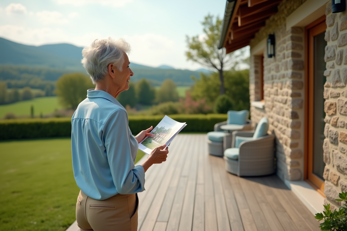 Femme senior regardant un jardin depuis la terrasse d