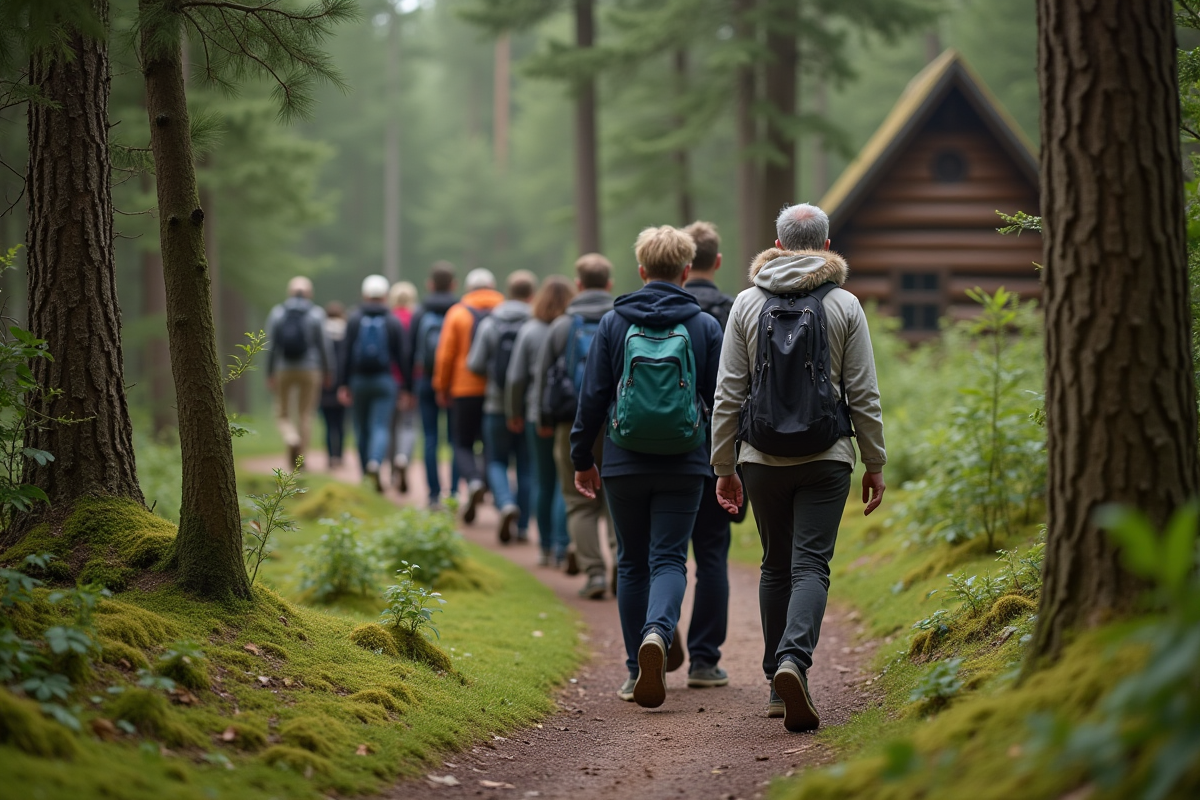 Groupe de marcheurs dans la forêt en pleine nature