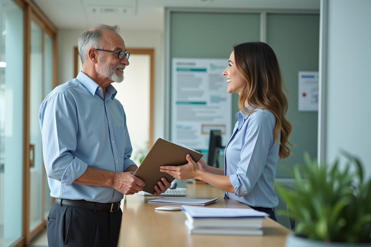 Homme âgé remettant un dossier à un agent dans un bureau moderne