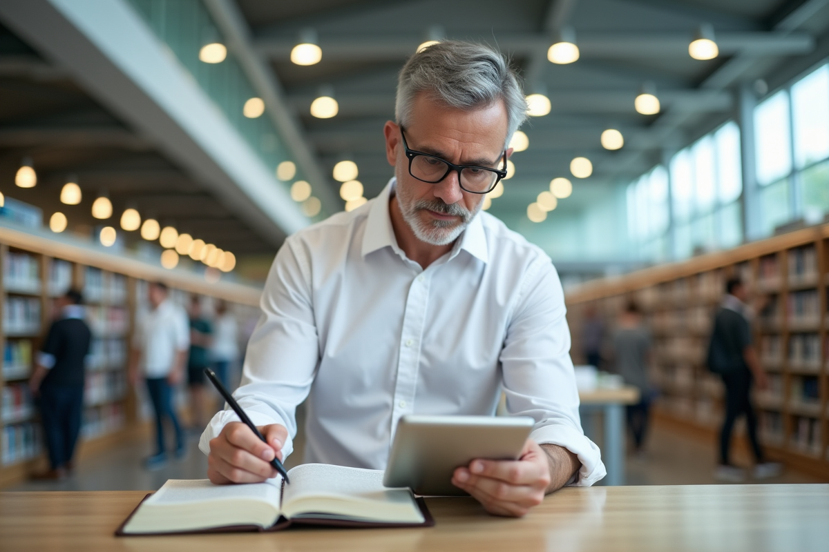 Homme à la bibliothèque consulte un livre et prend des notes