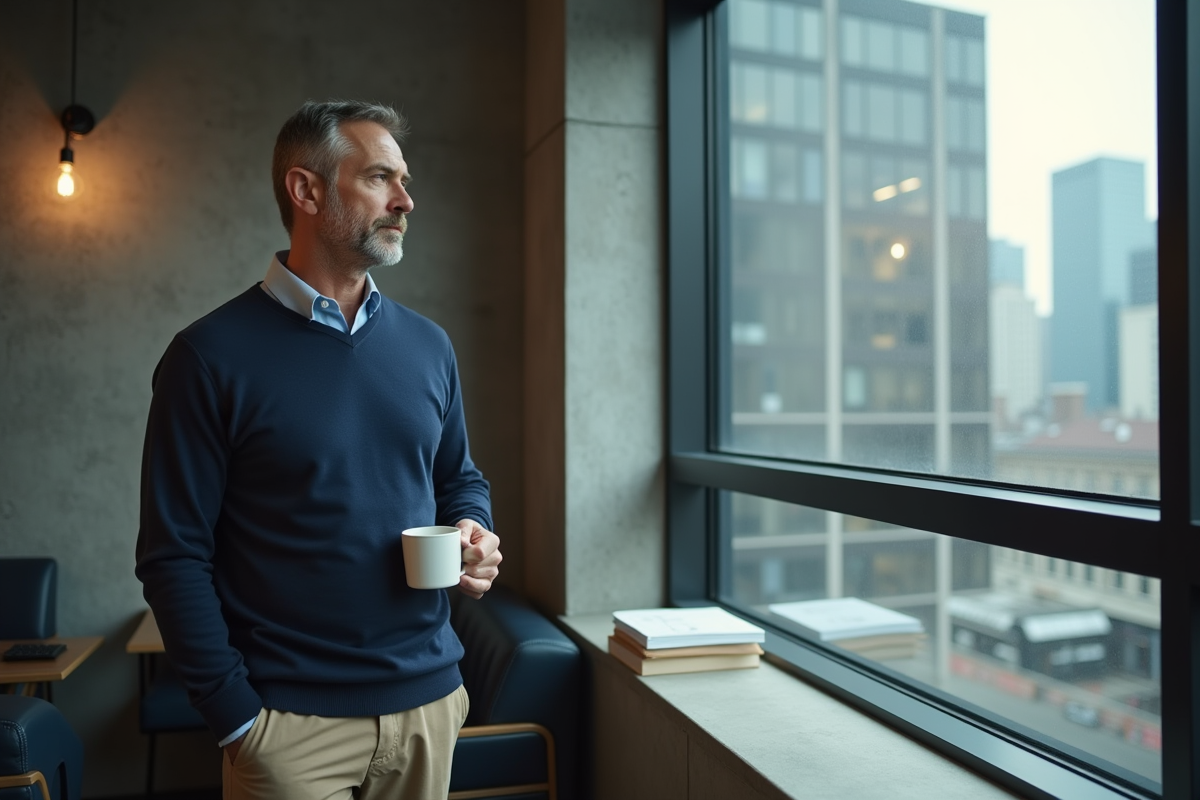 Homme dans une salle de pause regardant par la fenetre