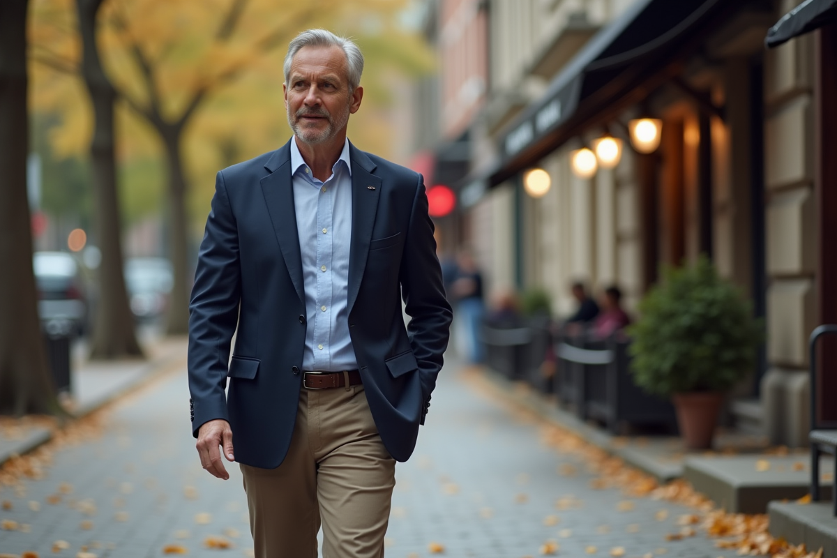 Homme confiant marchant dans rue automnale