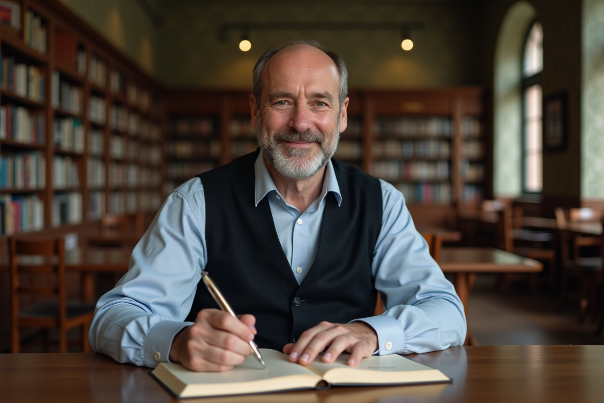 Homme écrivant dans une bibliothèque calme et studieuse