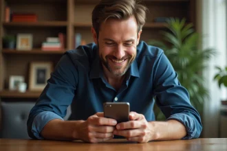 Homme jouant à Monopoly GO sur smartphone à une table en bois, concentré sur son écran pour obtenir une invitation de magnat
