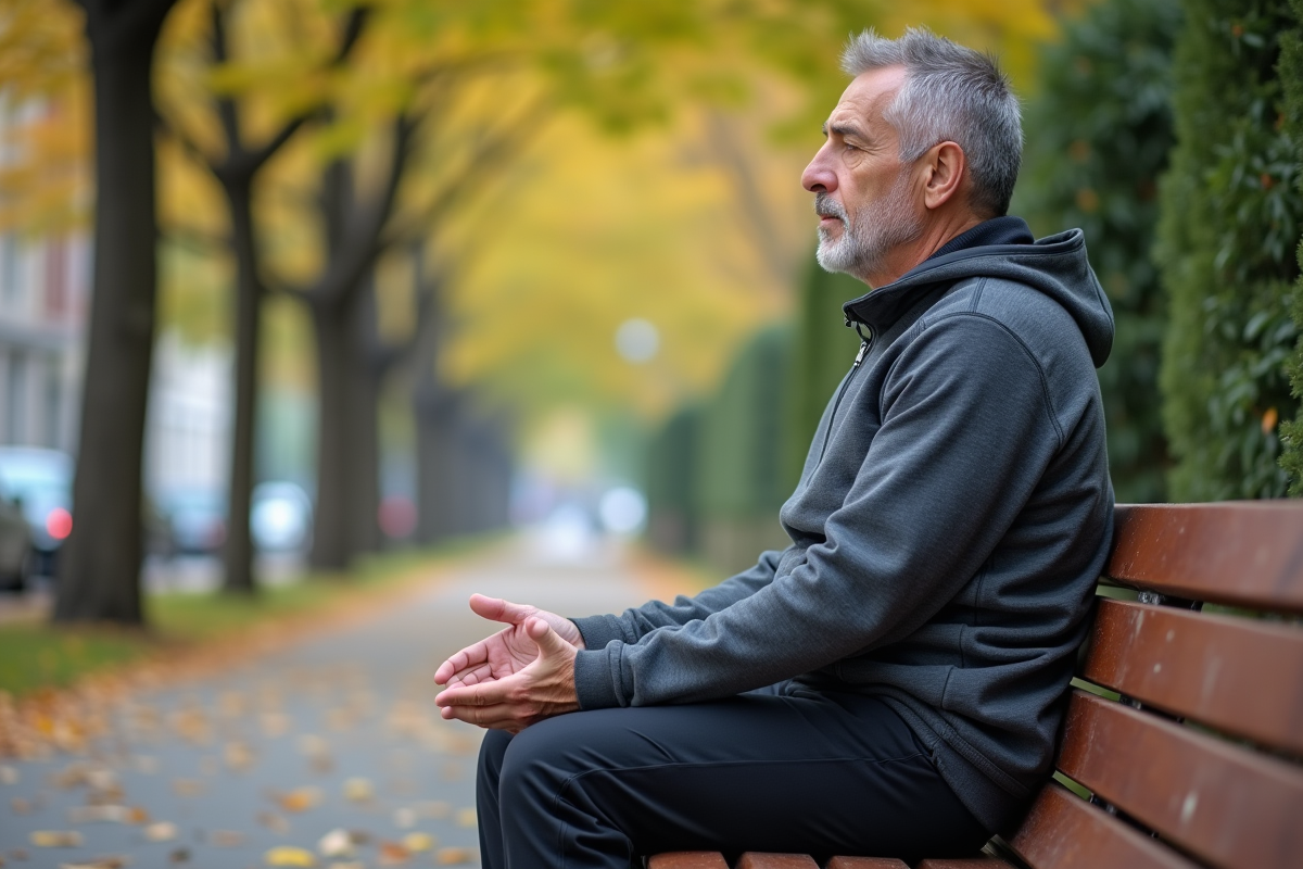 Homme méditant sur un banc dans un parc urbain