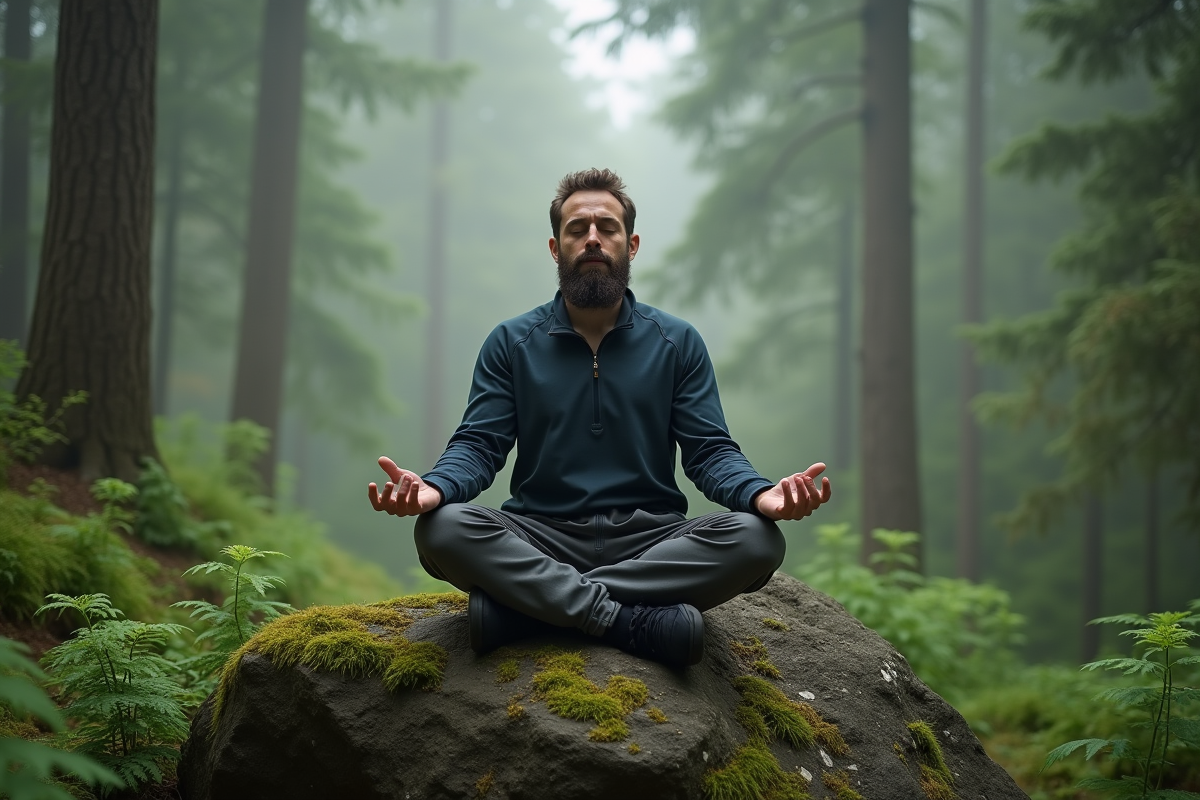 Homme méditant dans une forêt verdoyante et paisible