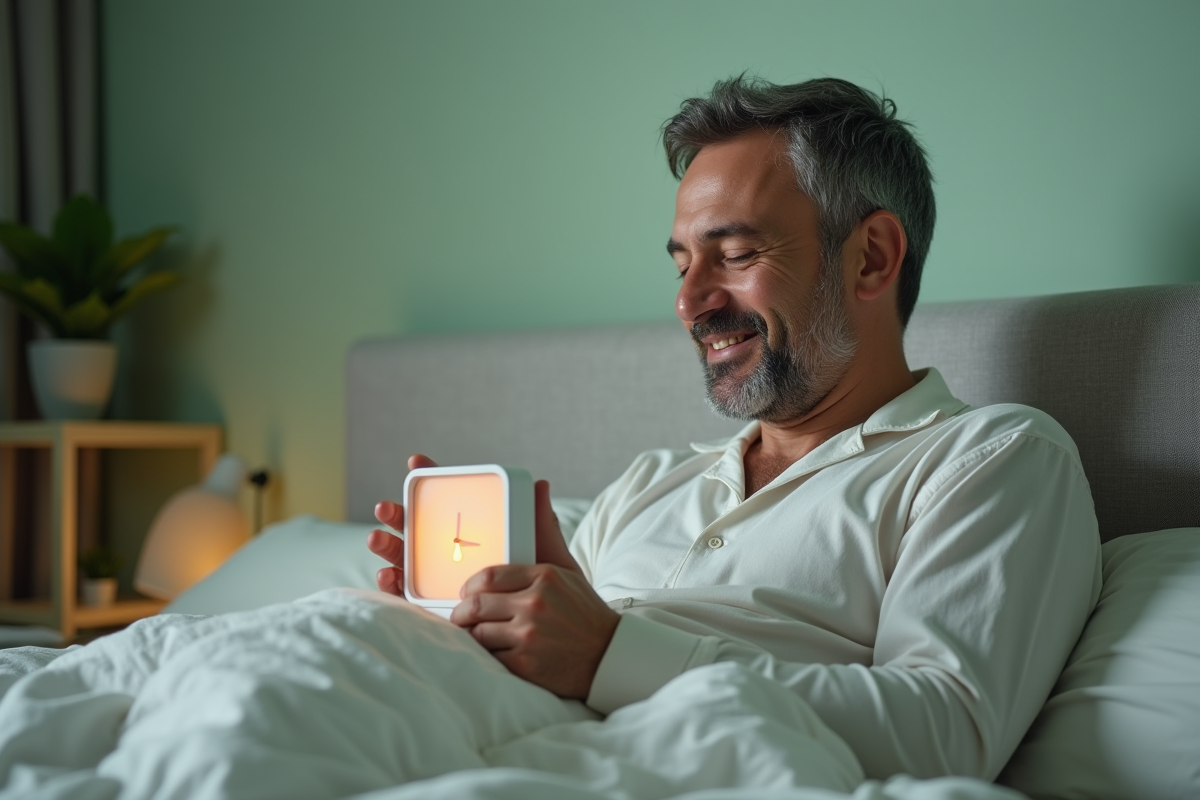 Homme se réveillant paisiblement dans une chambre minimaliste