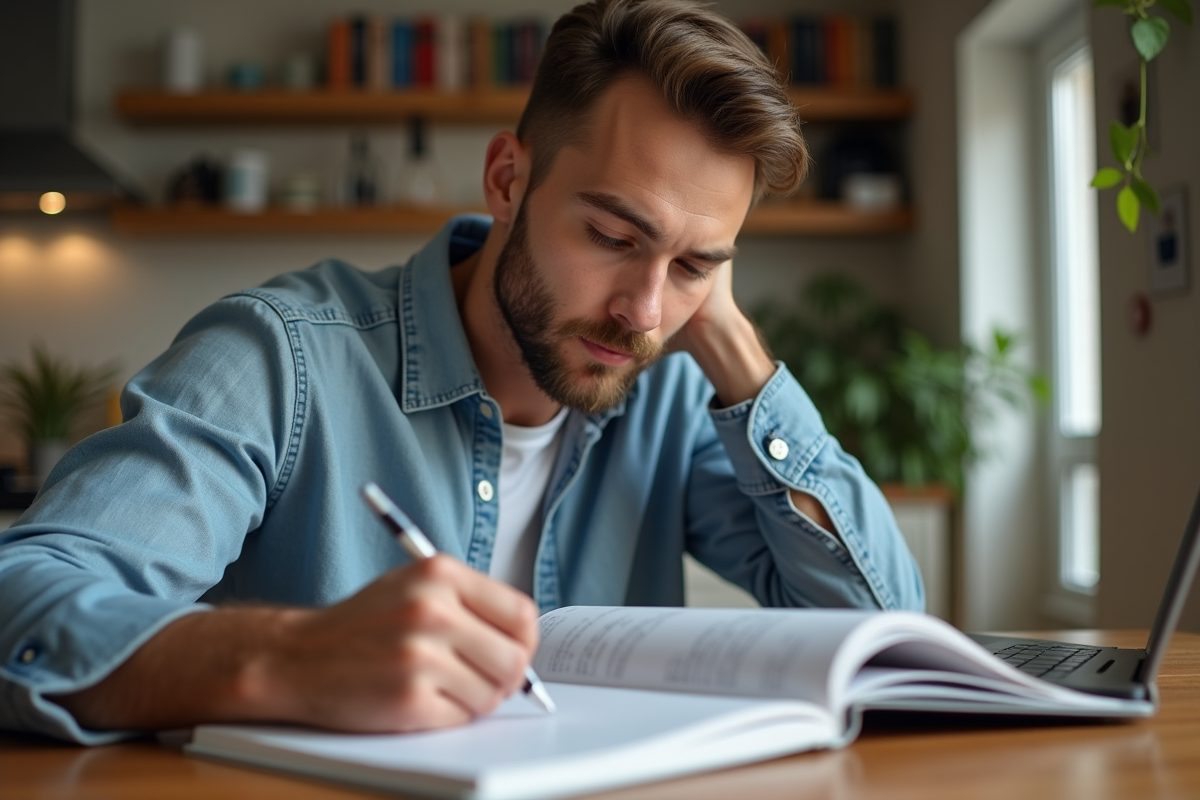 Homme à la maison étudiant un guide de cybersécurité