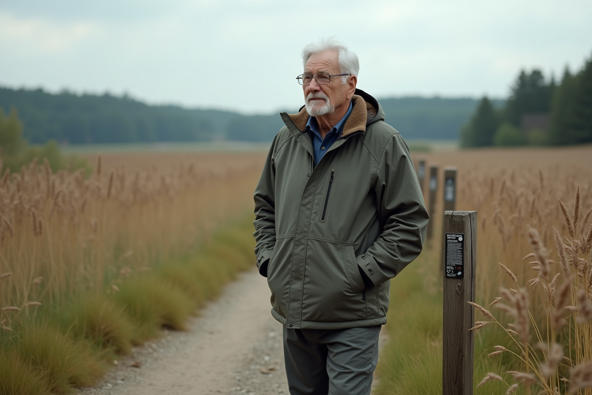 Homme âgé en extérieur sur un sentier rural avec forêt en arrière-plan