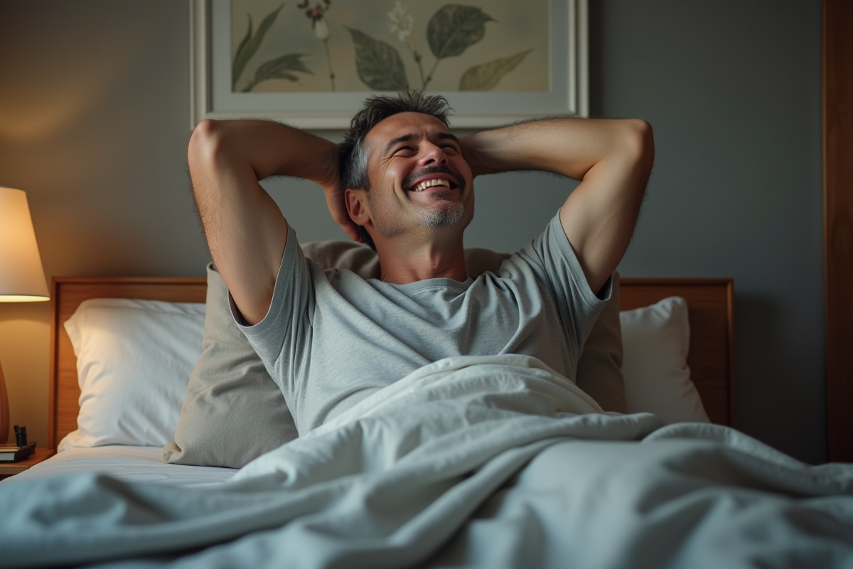 Homme se réveillant souriant dans sa chambre