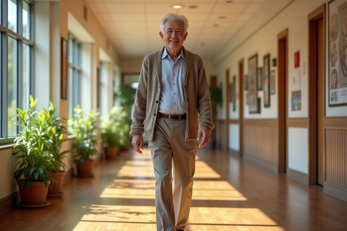 Homme âgé souriant marche dans un centre communautaire