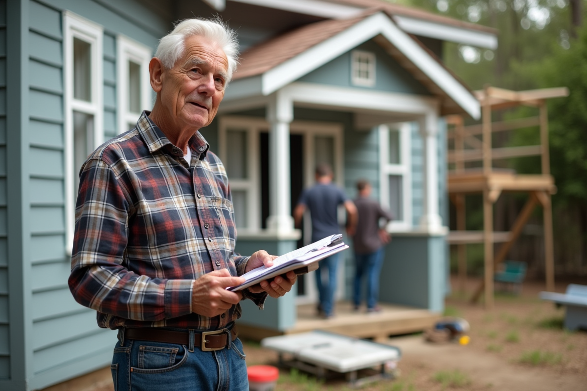 Homme age en vetements de chantier devant maison en renovation