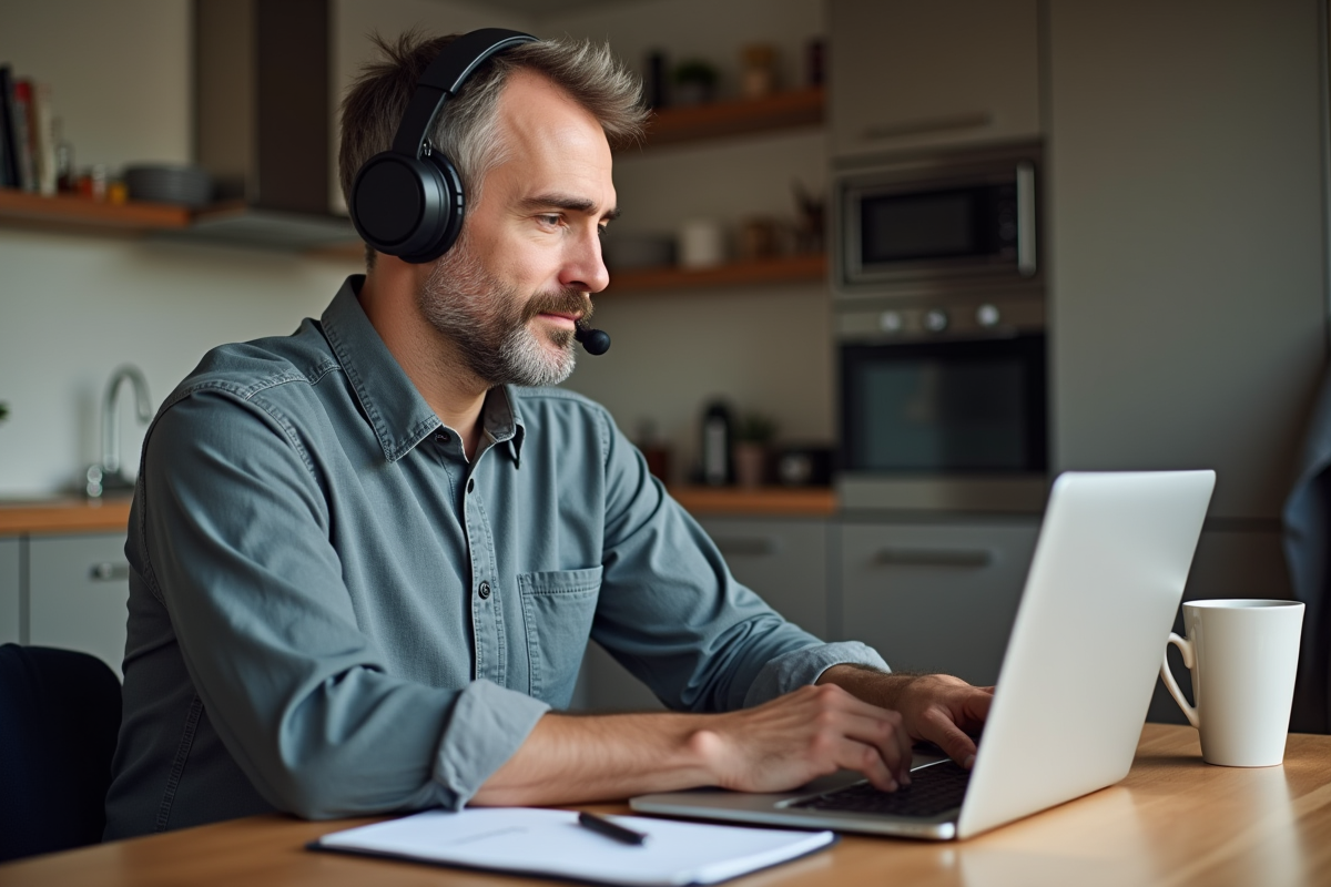 Homme en visioconference dans son appartement avec tasse