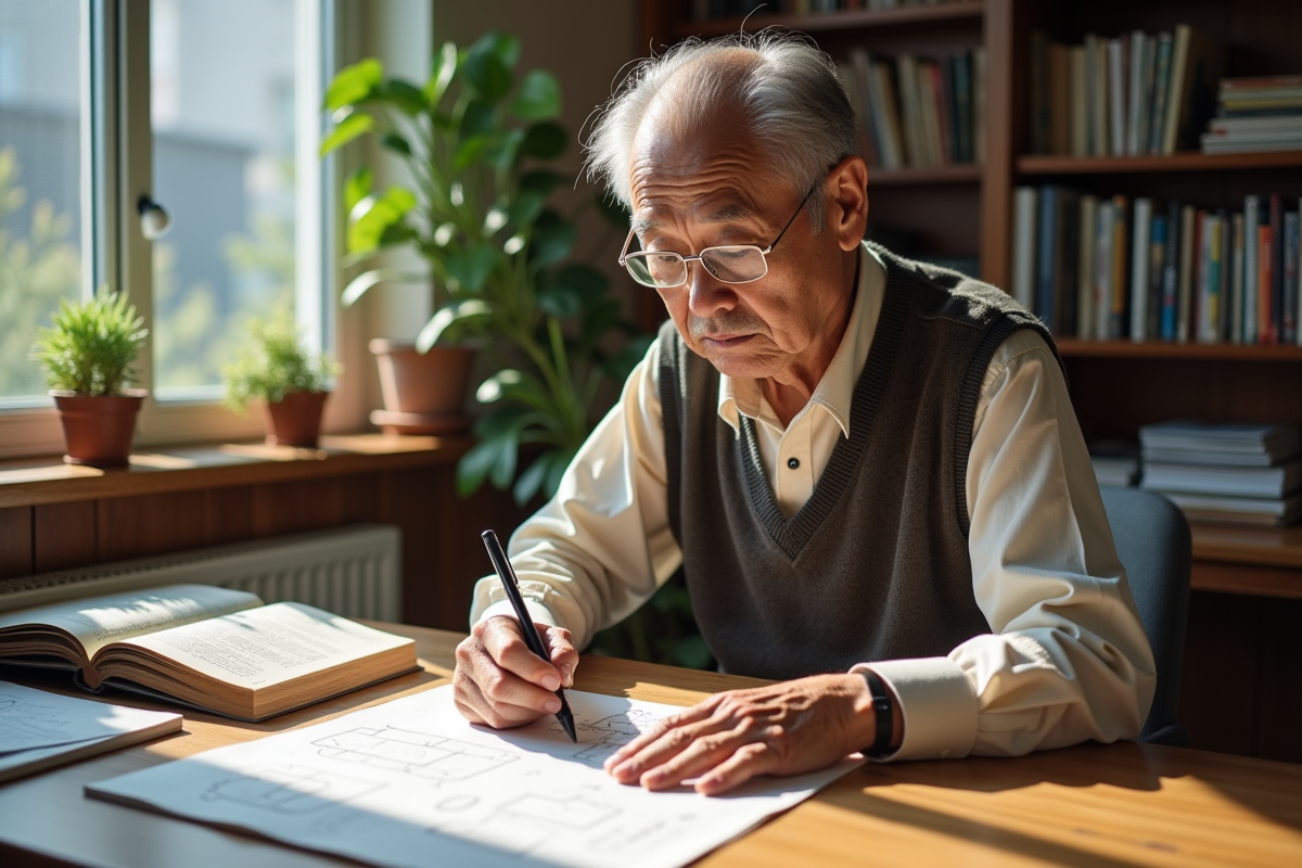 Ingenieur japonais esquisse diagrammes de batteries lithium dans son bureau