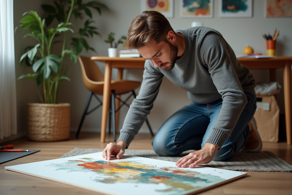 Jeune artiste homme examine peinture abstraite