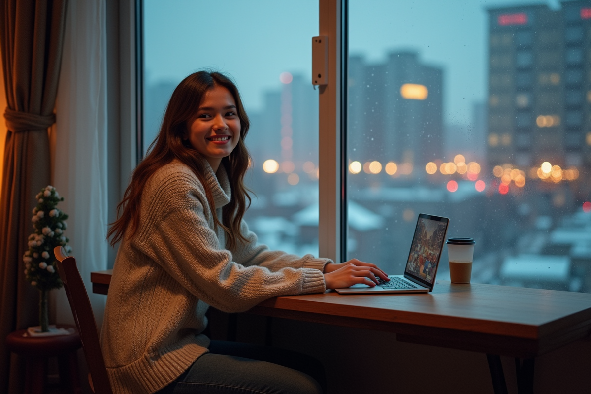 Jeune femme souriante fête le Nouvel An avec amis chez elle
