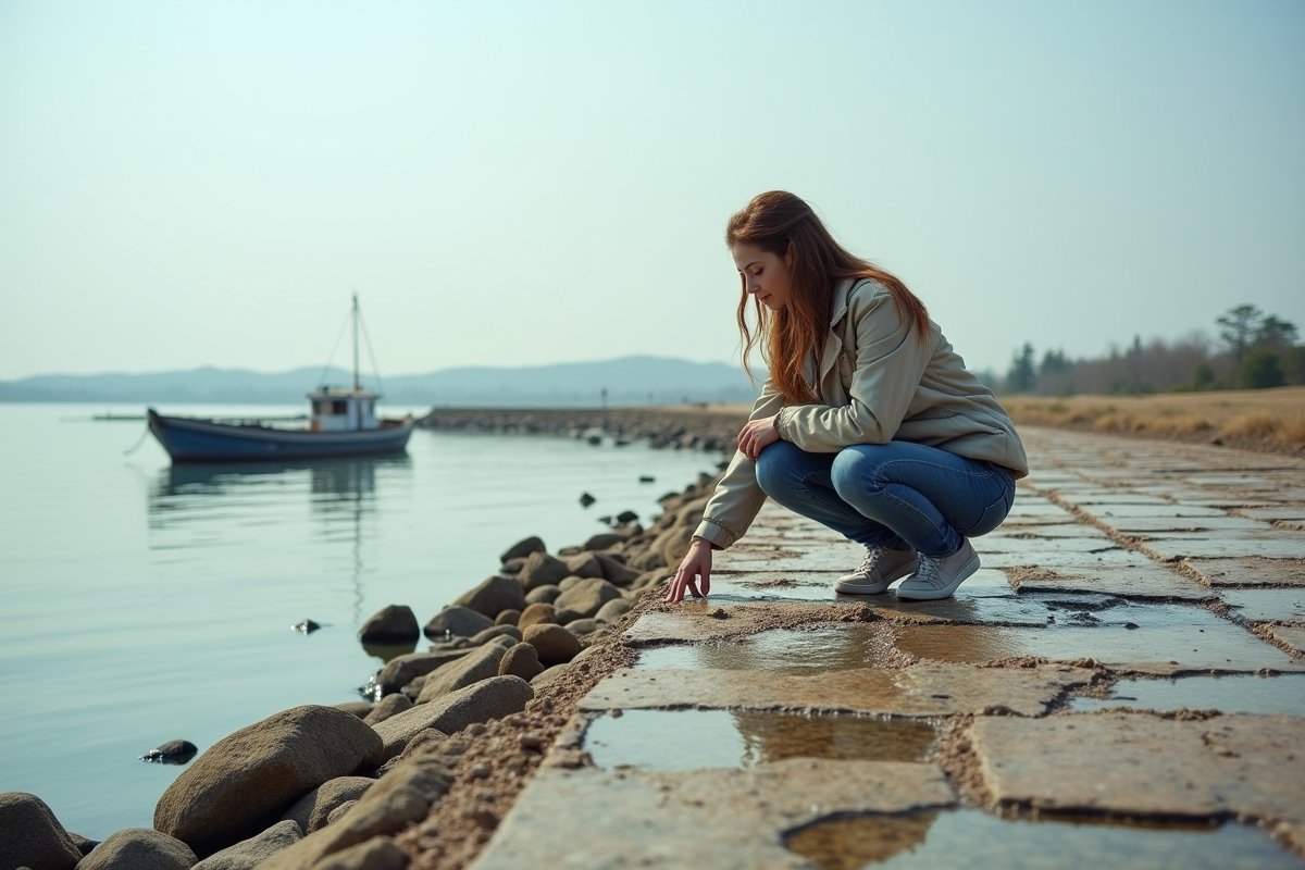 Jeune femme sur jetée exposée touchant des coquillages fossiles